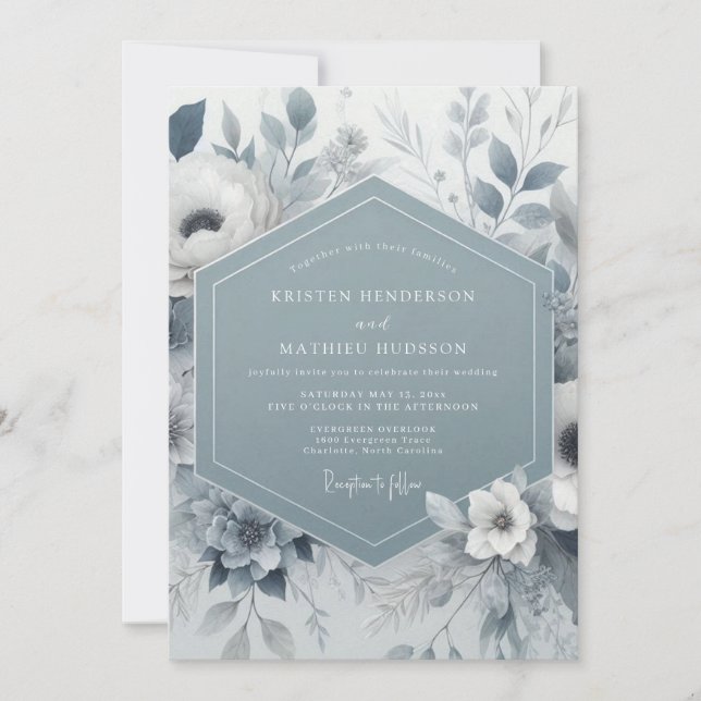 Slate Blue Floral Wedding Einladung (Vorderseite)