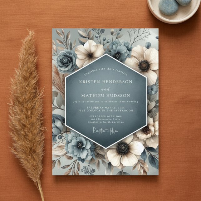 Slate Blue Floral Whimsy Wedding Einladung (Von Creator hochgeladen)