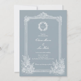 Slate Blue French Country Wedding Photo Einladung