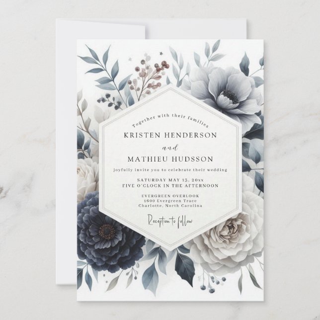 Slate Blue Glacial Bloom Wedding Einladung (Vorderseite)