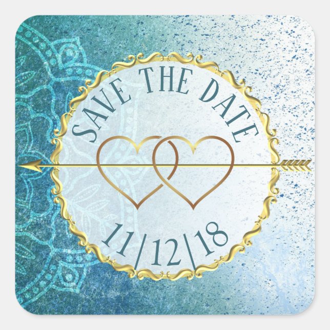 Slate Blue & Gold Mandala Save the Date Stickers (Vorderseite)