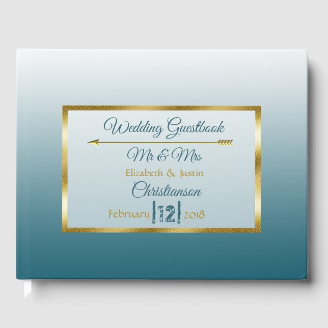 Slate Blue Gradient and Gold Heart Wedbook Gästebuch (Vorderseite)