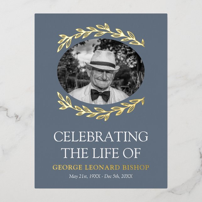 Slate Blue Greenerity Frame Oval Foto Beerdigung G Folie Einladungspostkarte (Vorderseite)