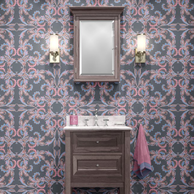 Slate Blue-Grey Baroque Ornamental Design Tapete (Von Creator hochgeladen)