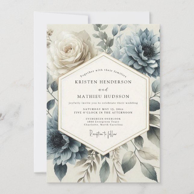 Slate Blue Heirloom Bloom Wedding Einladung (Vorderseite)