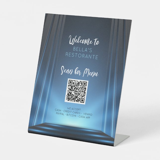 Slate Blue Menu Restaurant QR Code Table Sign Sockelschild (Vorderseite)