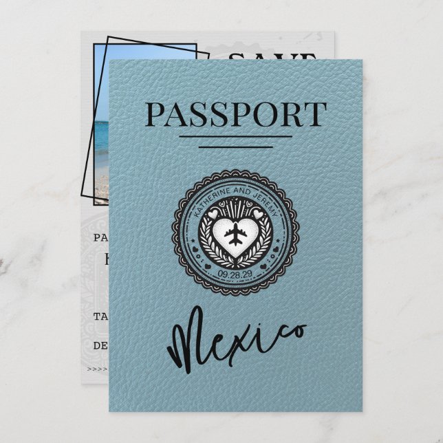 Slate Blue Mexico Passport Save the Date (Vorne/Hinten)