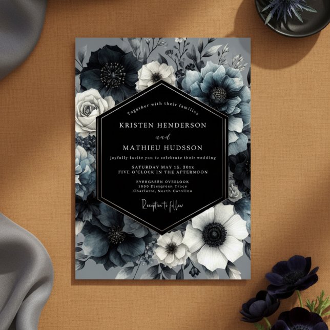 Slate Blue Midnight Bloom Wedding Einladung (Von Creator hochgeladen)