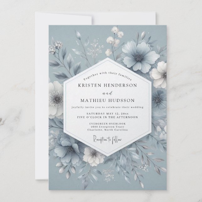 Slate Blue Misty Bloom Wedding Einladung (Vorderseite)