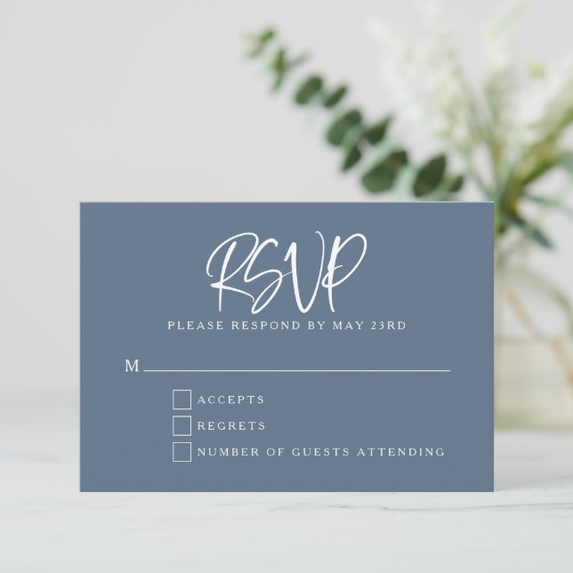 Slate Blue Modern Script Letters Wedding RSVP Karte (Stehend Vorderseite)
