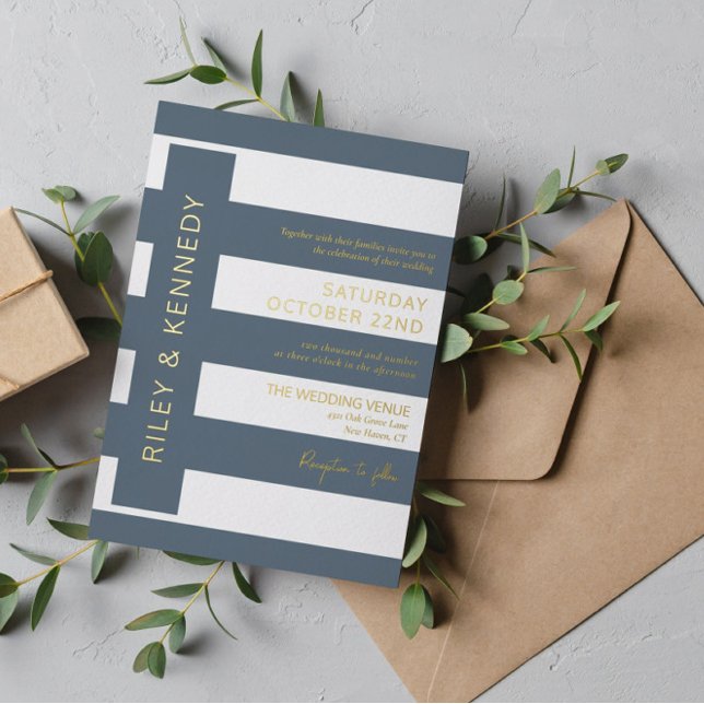 Slate Blue Modern Stripes Typografy Wedding Gold Folieneinladung (Von Creator hochgeladen)