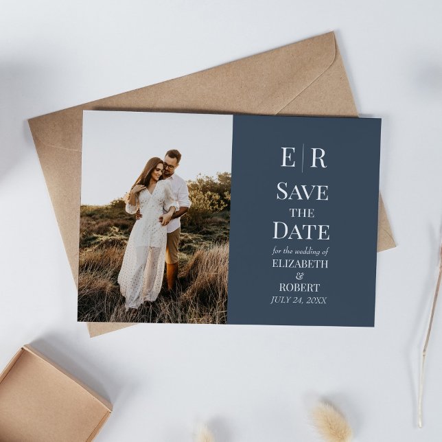 Slate Blue Monogram Custom Foto Save the Date Einladung (Slate Blue Monogram Custom Photo Save the Date Invitation on neutral boho wedding table.)