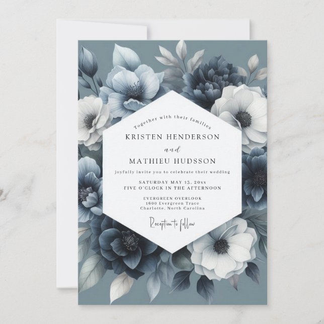 Slate Blue Moody Bloom Hochzeit Einladung (Vorderseite)