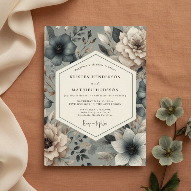 Slate Blue Moody Bloom Hochzeit Einladung (Von Creator hochgeladen)