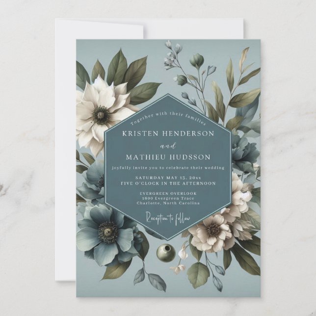 Slate Blue Moody Botanical Wedding Einladung (Vorderseite)