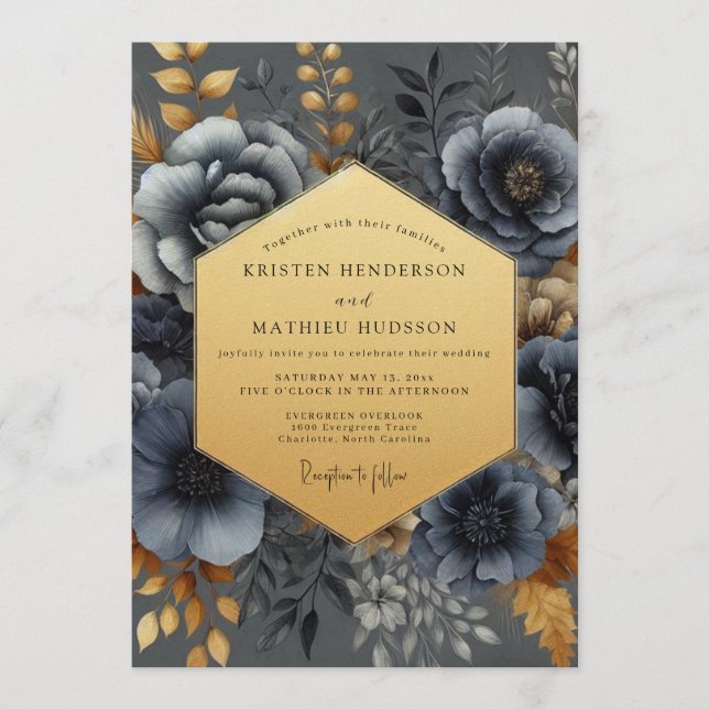 Slate Blue Nocturne Bloom Wedding Einladung (Vorderseite)