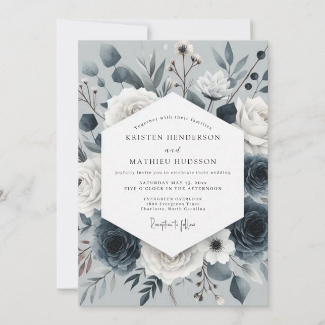 Slate Blue Nocturne Bloom Wedding Einladung (Vorderseite)