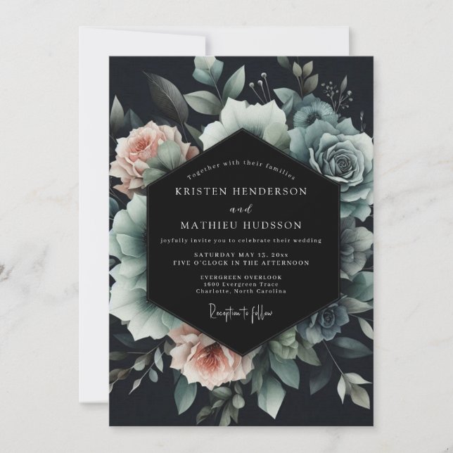 Slate Blue Noir Bloom Hochzeit Einladung (Vorderseite)