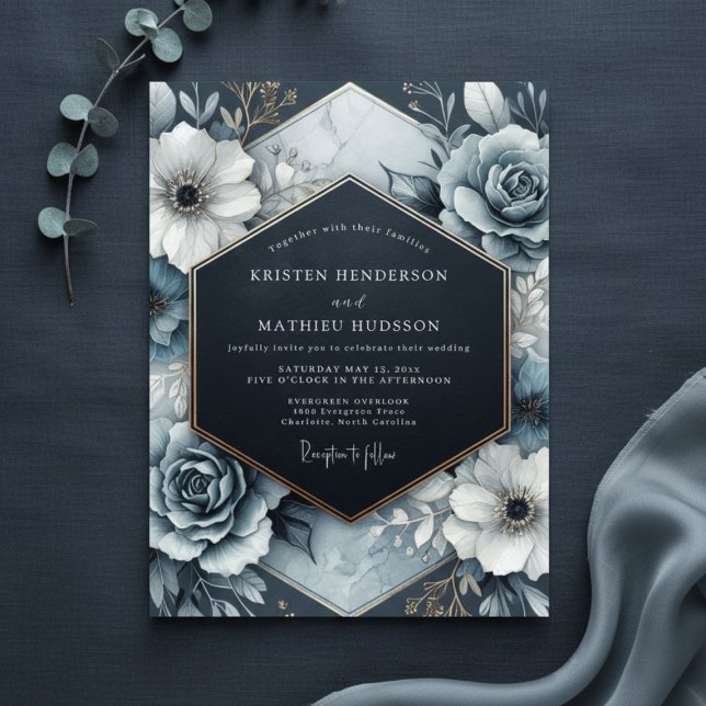 Slate Blue Opulent Bloom Wedding Einladung (Von Creator hochgeladen)