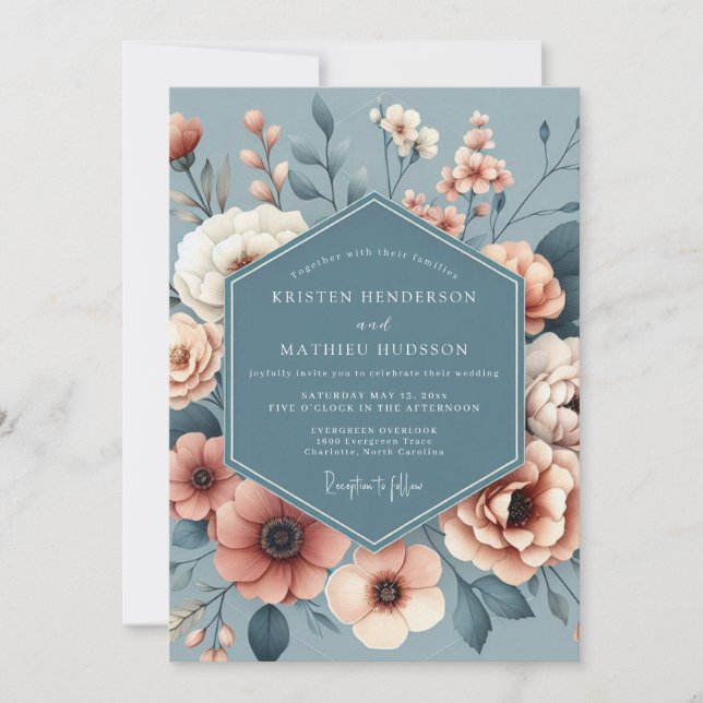 Slate Blue Painterly Bloom Wedding Einladung (Vorderseite)