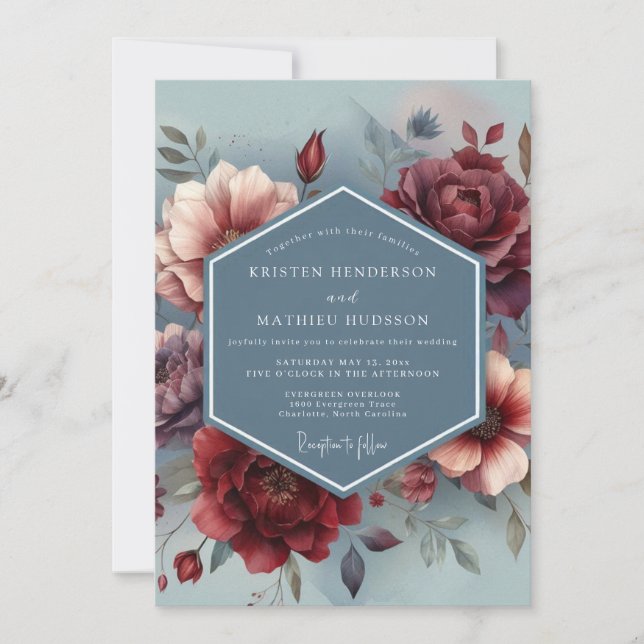 Slate Blue Painterly Bloom Wedding Einladung (Vorderseite)