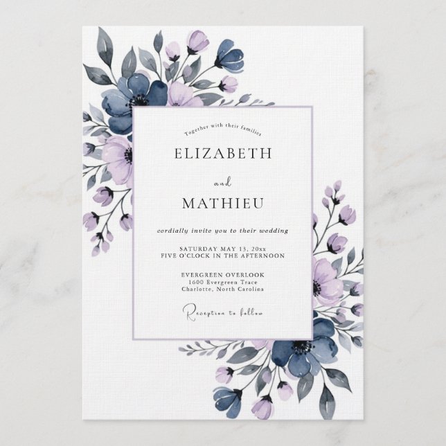Slate Blue Painterly Flora Wedding Einladung (Vorderseite)