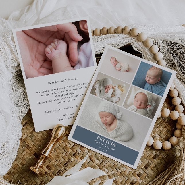 Slate Blue Photo Collage Baby Announcement Card Einladung (Von Creator hochgeladen)