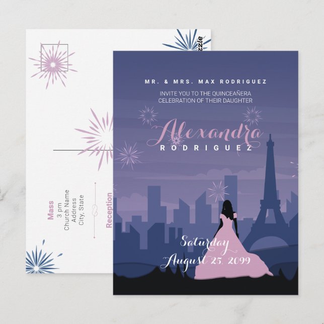 Slate Blue & Pink Paris Feuerwerk Quinceañera Postkarte (Vorne/Hinten)