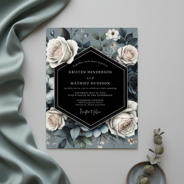 Slate Blue Rose Opulence Wedding Einladung (Von Creator hochgeladen)