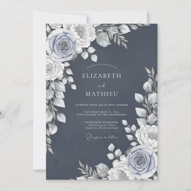 Slate Blue Rose Romance Wedding Einladung (Vorderseite)