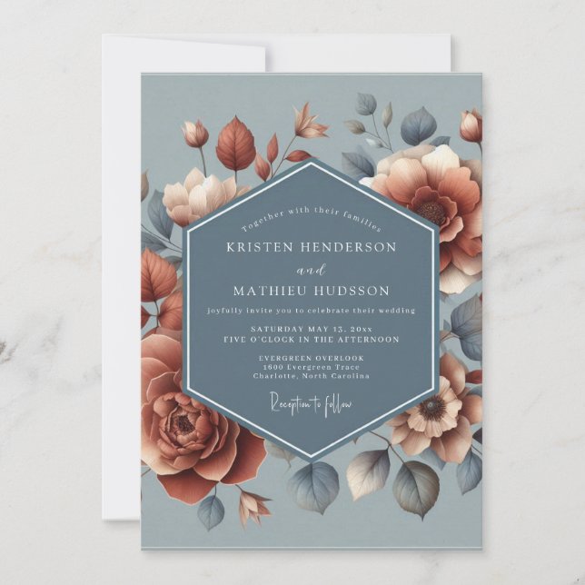 Slate Blue Rust Painterly Wedding Einladung (Vorderseite)