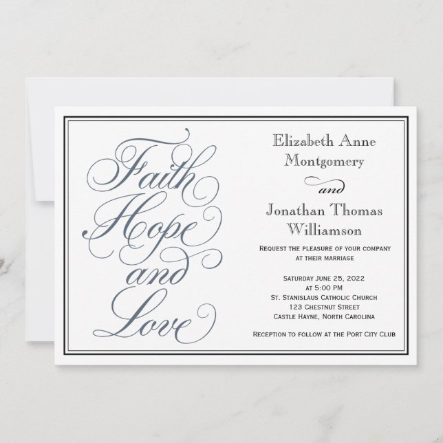 Slate Blue Script Faith Hope & Liebe Wedding Einladung (Vorderseite)