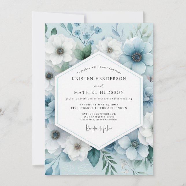 Slate Blue Serene Anemone Wedding Einladung (Vorderseite)