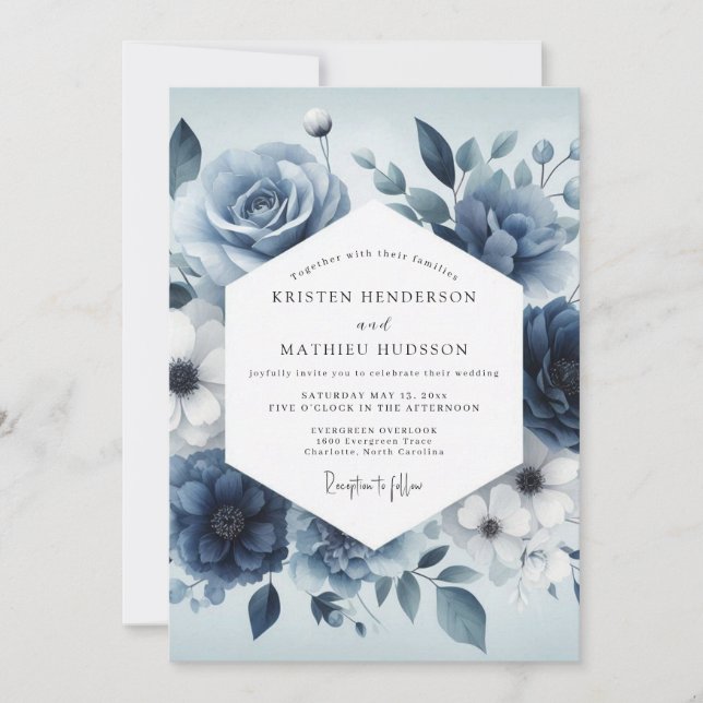 Slate Blue Serene Bloom Wedding Einladung (Vorderseite)