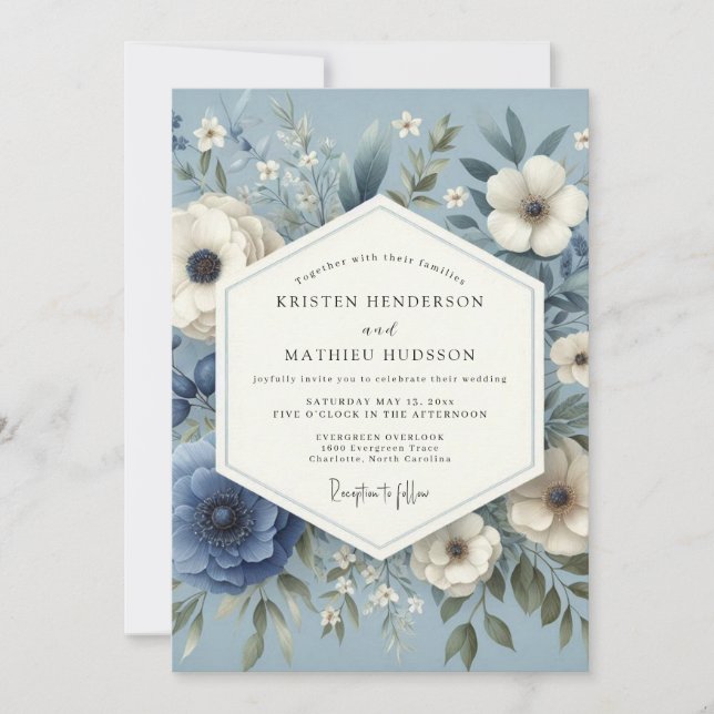 Slate Blue Serene Flora Wedding Einladung (Vorderseite)