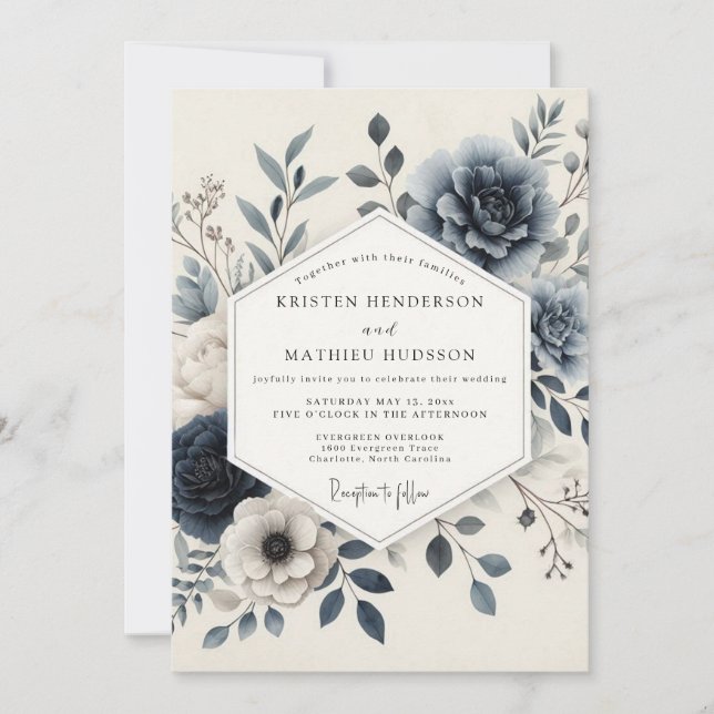 Slate Blue Serene Floral Wedding Einladung (Vorderseite)