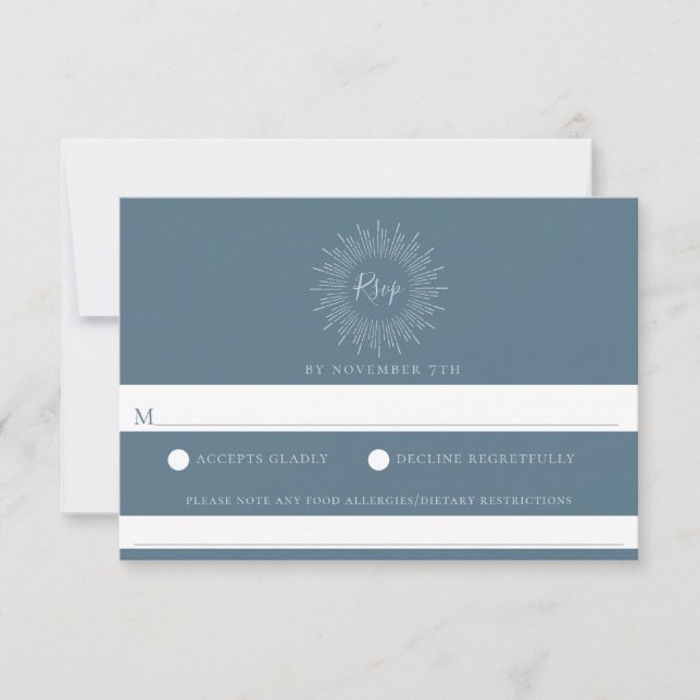 Slate Blue Sunburst Wedding Food Allergie UAWG RSVP Karte (Vorderseite)