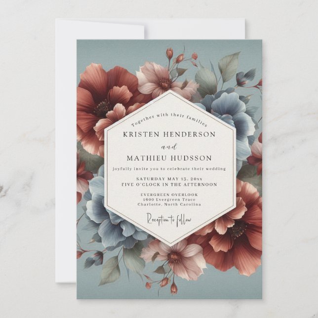 Slate Blue Terra Bloom Hochzeit Einladung (Vorderseite)
