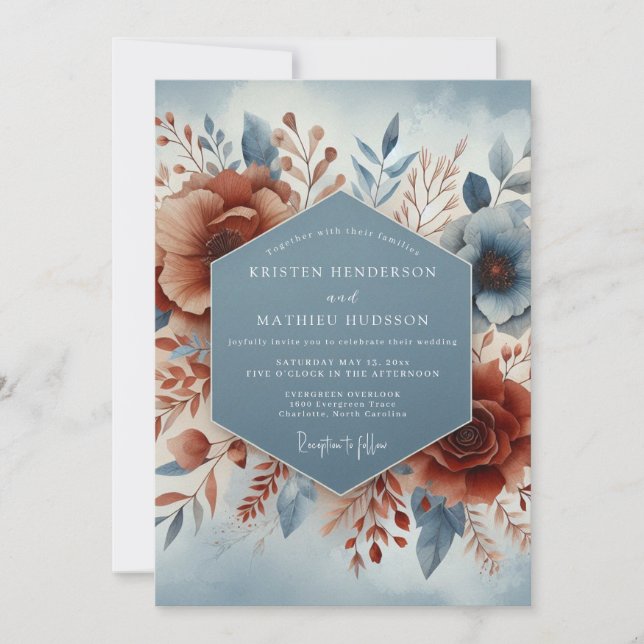 Slate Blue Terracotta Bloom Wedding Einladung (Vorderseite)