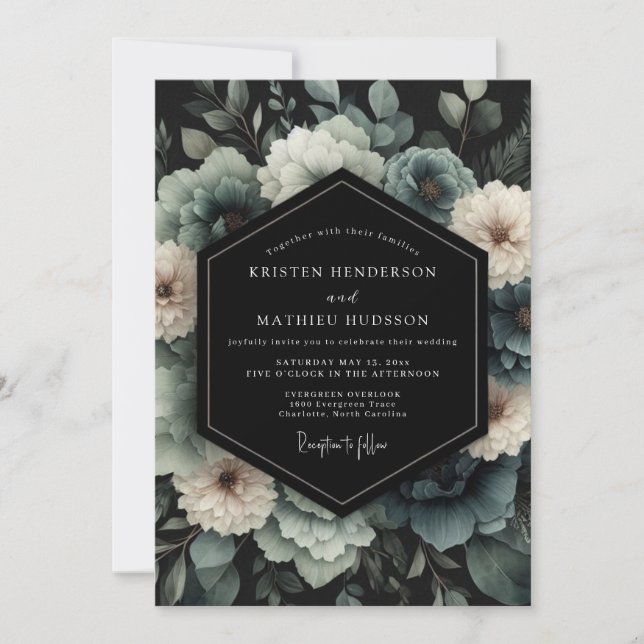 Slate Blue Umbral Bloom Wedding Einladung (Vorderseite)