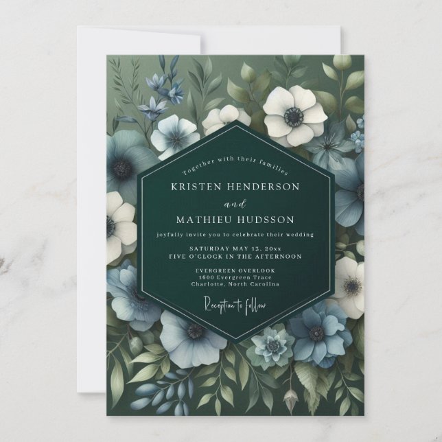 Slate Blue Verdant Bloom Wedding Einladung (Vorderseite)