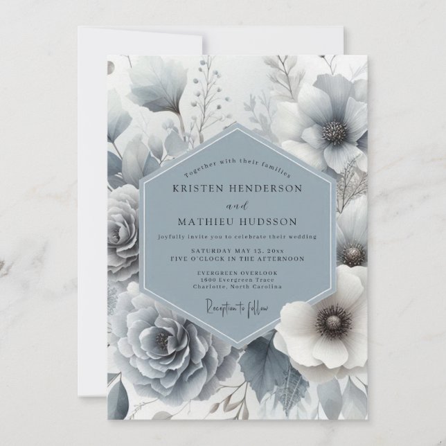 Slate Blue Whisper Bloom Wedding Einladung (Vorderseite)
