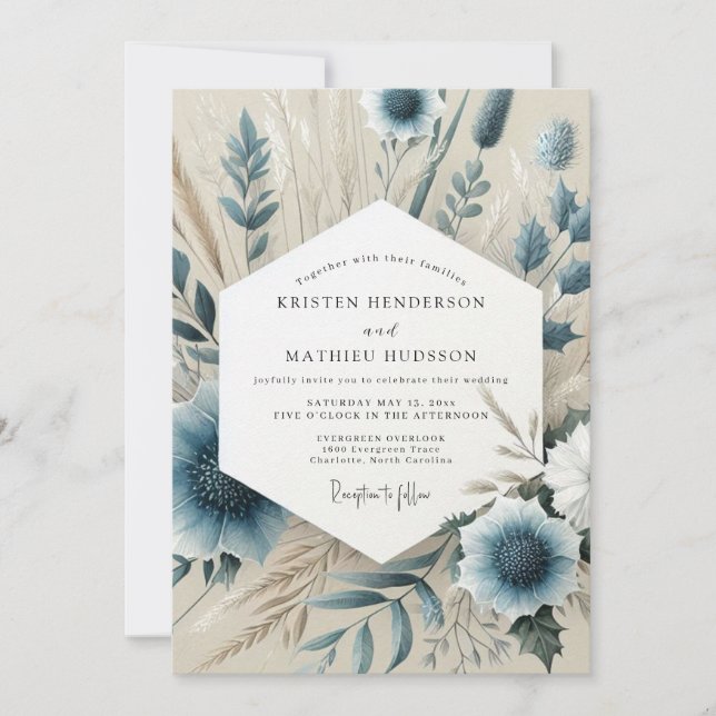 Slate Blue Whispering Bloom Wedding Einladung (Vorderseite)