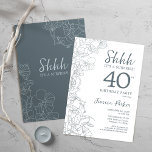 Slate Blue White Botanical Überraschung 40. Geburt Einladung<br><div class="desc">Slate Blue White Botanical Überraschung 40. Geburtstag Einladung. Minimalistisches modernes feminines Design mit botanischen Akzenten und Typografie-Script-Schriftart. Einfache florale Einladungskarte perfekt für eine stilvolle weibliche Überraschung am Tag.</div>