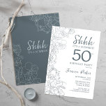 Slate Blue White Botanical Überraschung 50. Geburt Einladung<br><div class="desc">Slate Blue White Botanical Überraschung 50. Geburtstag Einladung. Minimalistisches modernes feminines Design mit botanischen Akzenten und Typografie-Script-Schriftart. Einfache florale Einladungskarte perfekt für eine stilvolle weibliche Überraschung am Tag.</div>