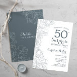 Slate Blue White Überraschung 50. Geburtstagsparty Einladung<br><div class="desc">Slate Blue White Überraschung 50. Geburtstagsparty Einladung. Minimalistisches modernes Design mit botanischen Akzenten und Typografie-Script-Schriftart. Floral Einladungskarte perfekt für eine stilvolle weibliche Überraschung am Tag feiern. Kann für jedes Alter angepasst werden.</div>