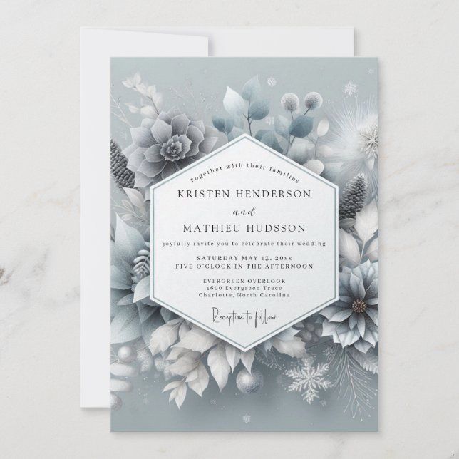 Slate Blue Wintertide Bloom Wedding Einladung (Vorderseite)