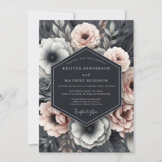 Slate Blush Dramatic Flora Wedding Einladung (Vorderseite)