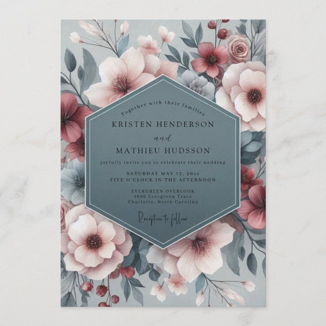 Slate Blush Pastoral Bloom Wedding Einladung (Vorderseite)