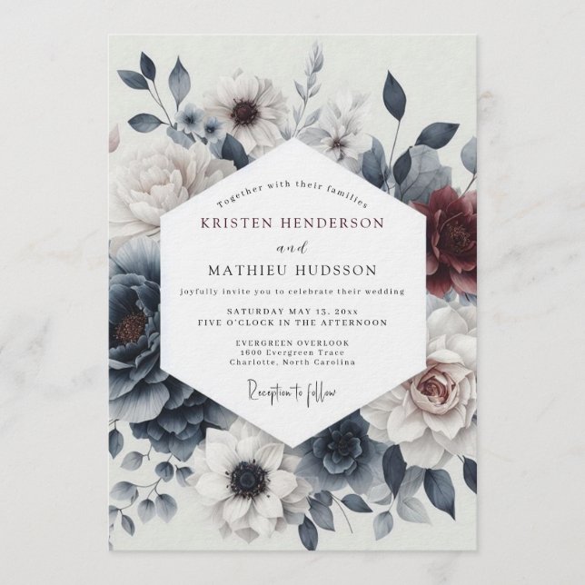 Slate Burgundy Moody Bloom Wedding Einladung (Vorderseite)